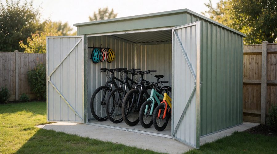 Large bike sheds: a green steel bike store with double doors open, five family bikes side by side inside and helmets on a hook