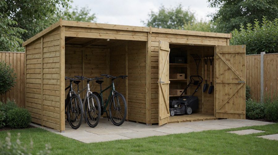 A long wooden shed with an open bike shelter bay, three bikes parked under cover and a lawnmower inside the lockable section