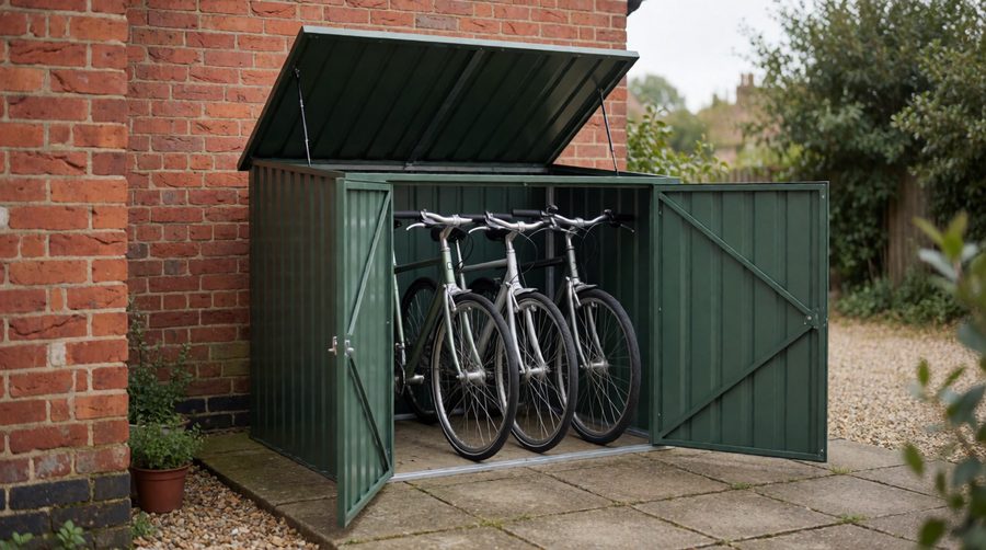 Metal bike sheds: a green steel bike shed with its lid and doors open and three adult bikes inside on a paved base