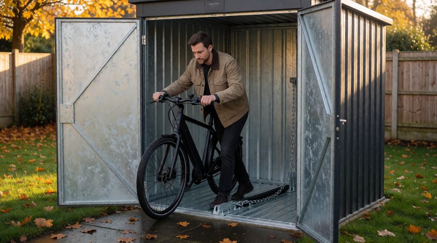 Man wheeling an electric bike out of a galvanised steel bike storage shed with a ground anchor and chain on the floor