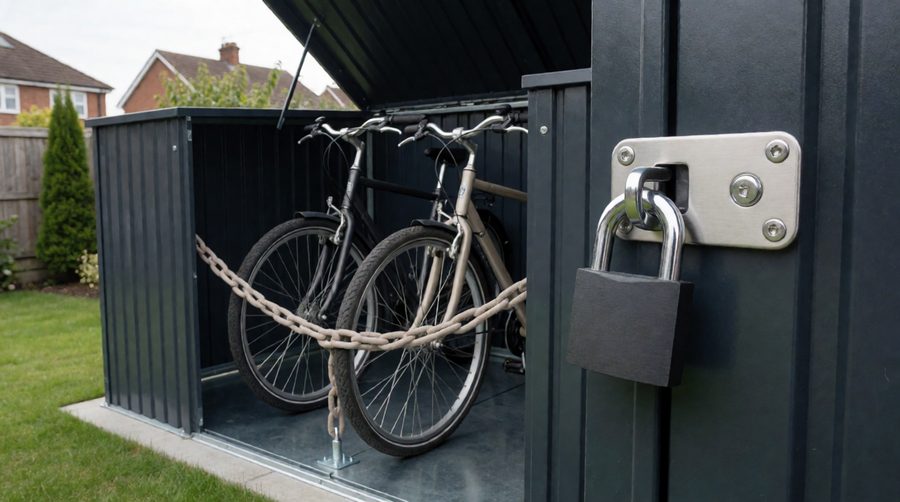 Secure bike sheds: a grey steel bike store with its lid raised, two bicycles chained to a floor anchor and a padlocked steel hasp