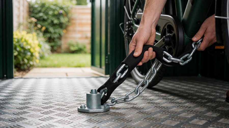 Chaining an e-bike to a heavy-duty ground anchor bolted to the steel floor of a secure bike store