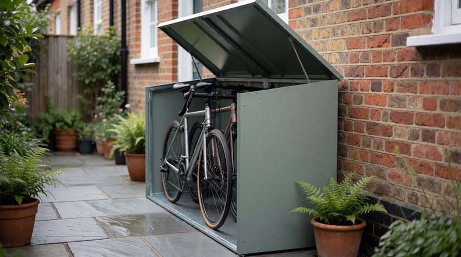 Small bike sheds: a grey-green steel bike shed with its top open and two bikes inside against a brick wall