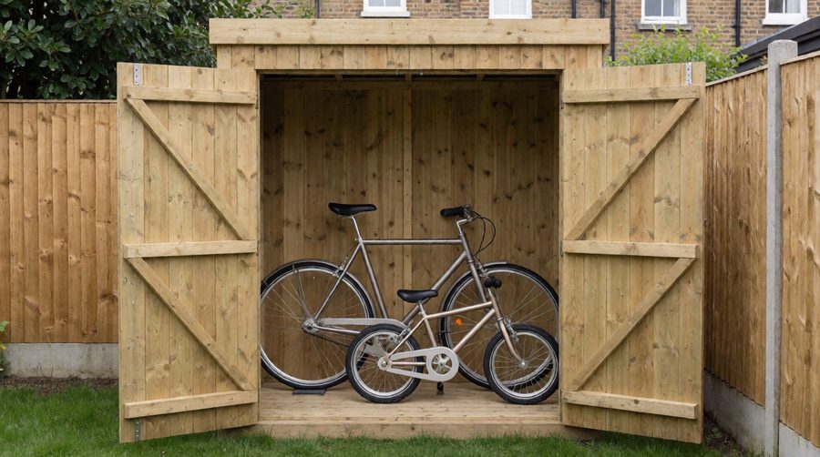 Wooden bike storage shed with double doors open and two bikes inside along a garden fence