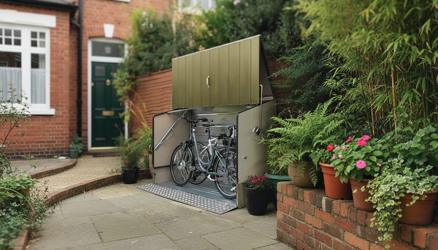 Trimetals bike sheds: a green ramped store with the lid open and two bicycles inside in a terraced house front garden