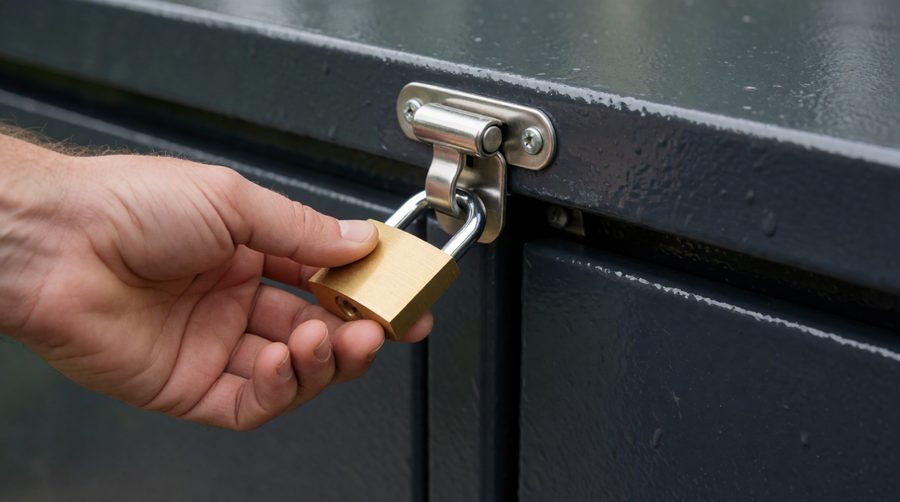 Locking a brass padlock through a stainless steel hasp on an anthracite steel bike storage lid